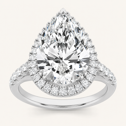 6.00 CT Pear Cut Lab Grown Diamond Bold Statement Accented Halo Side Stone Ring