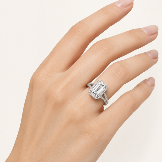 8.00 CT Emerald Cut Lab Grown Diamond Bold Statement Accented Halo Side Stone Ring