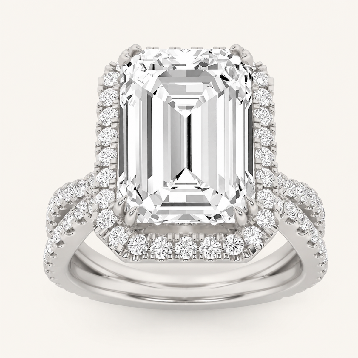 8.00 CT Emerald Cut Lab Grown Diamond Bold Statement Accented Halo Side Stone Ring