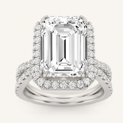 8.00 CT Emerald Cut Lab Grown Diamond Bold Statement Accented Halo Side Stone Ring