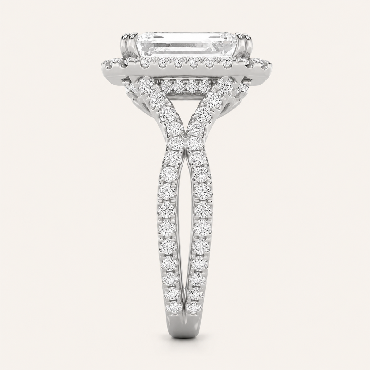 8.00 CT Emerald Cut Lab Grown Diamond Bold Statement Accented Halo Side Stone Ring