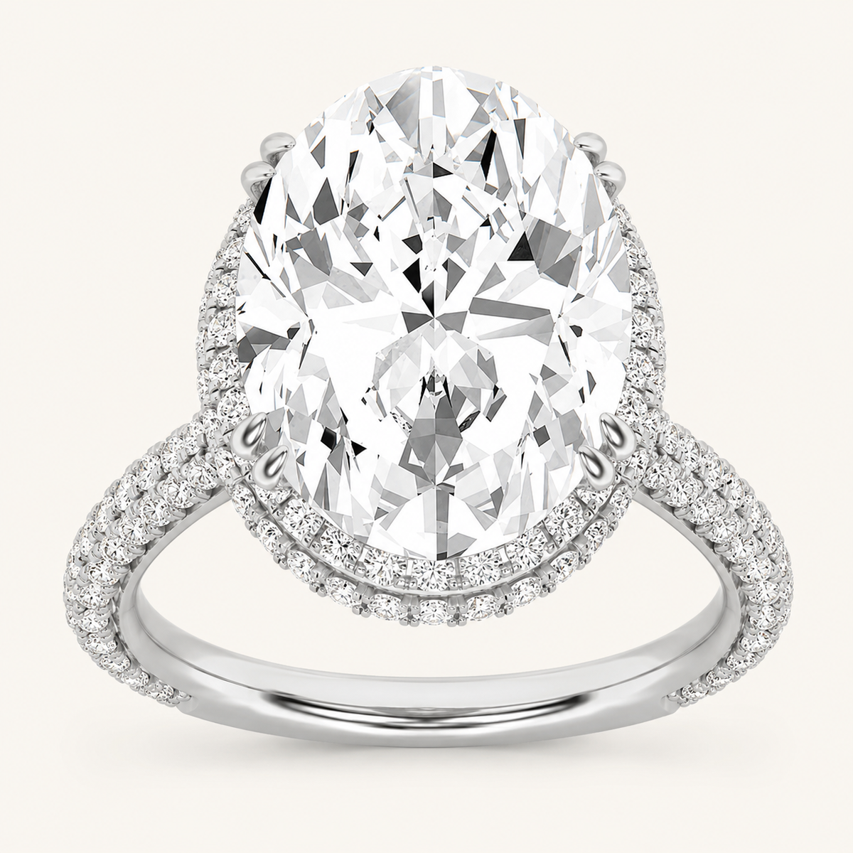 7.50 Ct Oval Cut Lab Grown Diamond Bold Statement Accented Halo Side Stone Ring