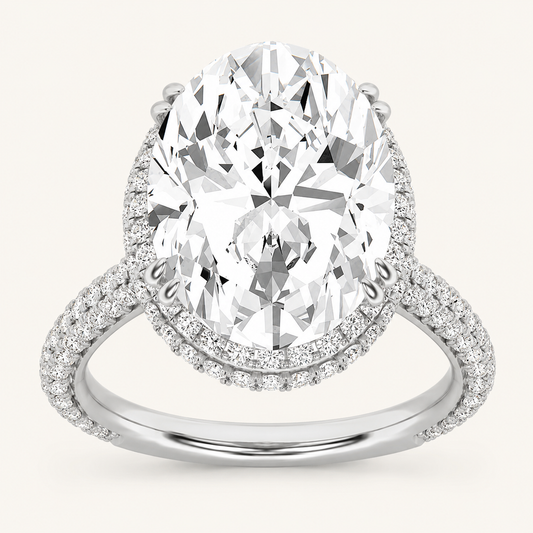7.50 Ct Oval Cut Lab Grown Diamond Bold Statement Accented Halo Side Stone Ring