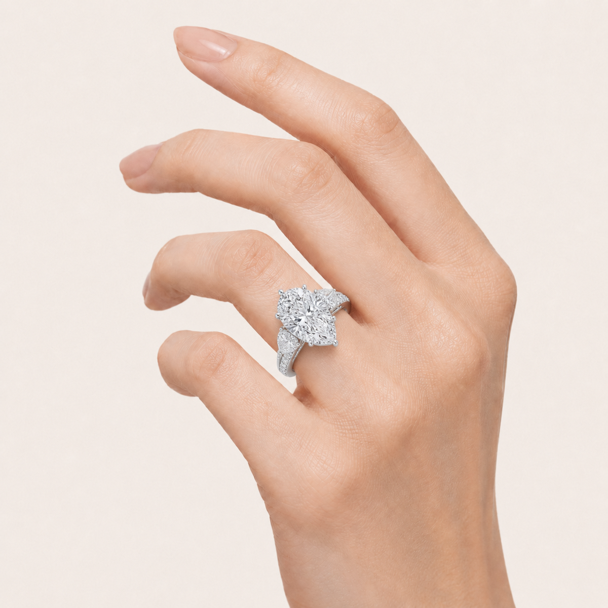 6.75 CT Pear Cut Lab Grown Diamond Bold Statement Three Stone Side Stone Ring