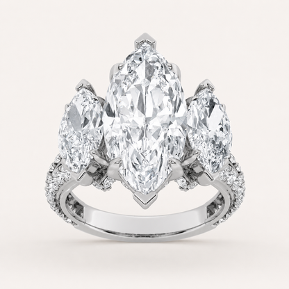 7.75 CT Marquise Cut Lab Grown Diamond Three Stone Side Stone Bold Statement Accented Ring