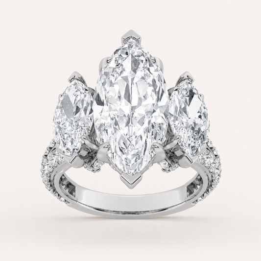 7.75 CT Marquise Cut Lab Grown Diamond Three Stone Side Stone Bold Statement Accented Ring