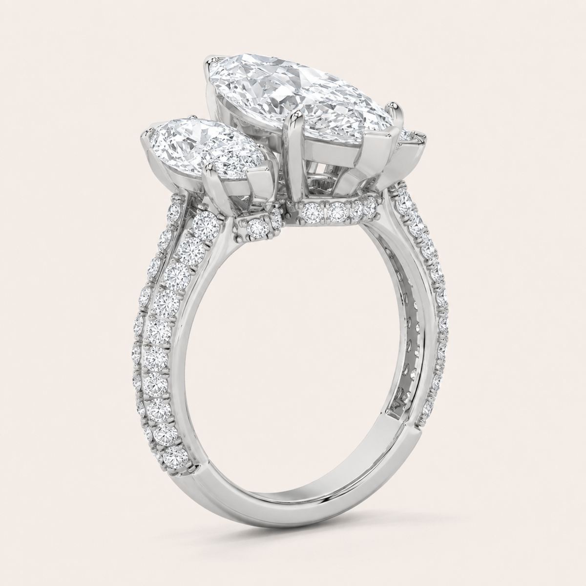 7.75 CT Marquise Cut Lab Grown Diamond Three Stone Side Stone Bold Statement Accented Ring