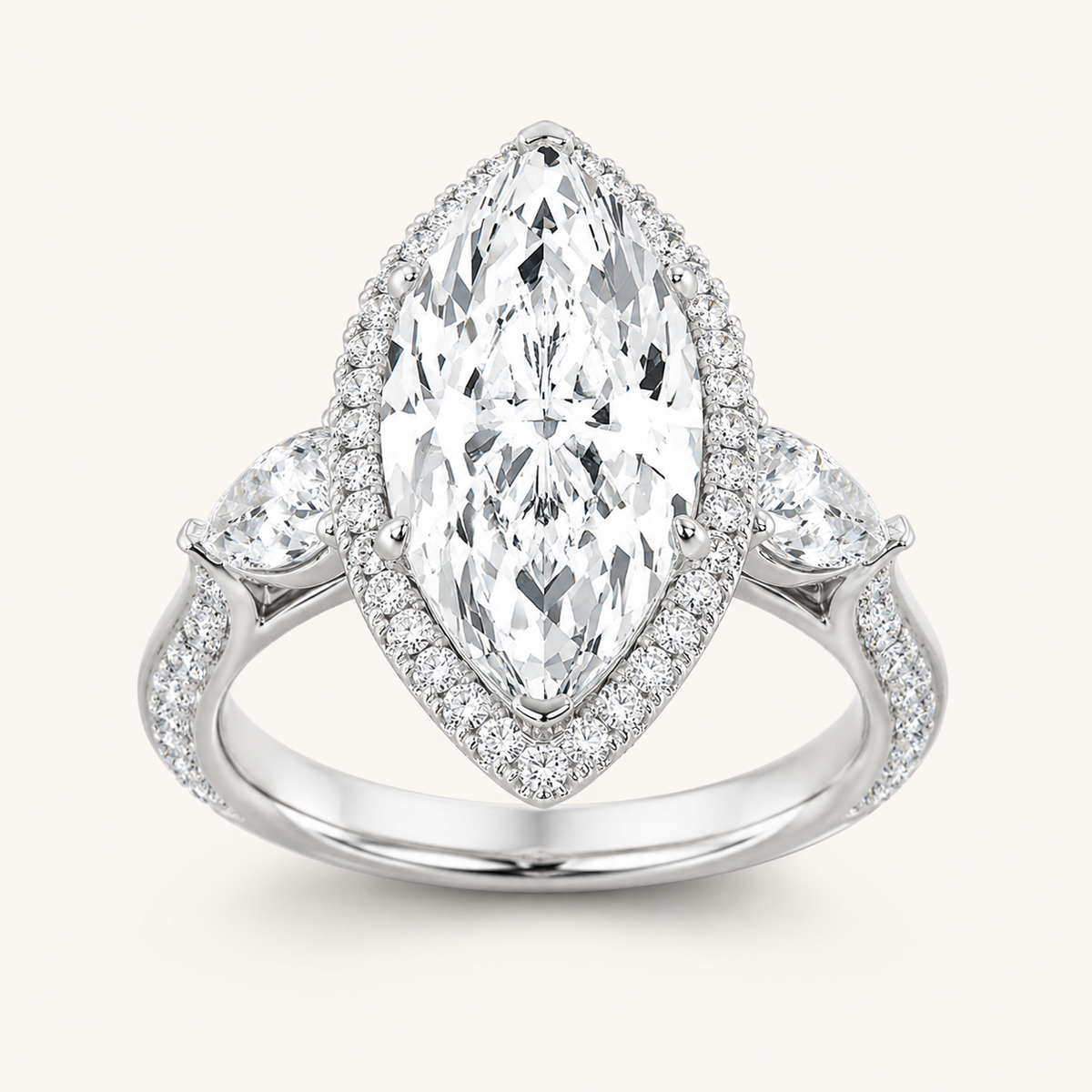 6.5 CT Marquise Cut Lab Grown Diamond Bold Statement Accented Three Stone Halo Ring
