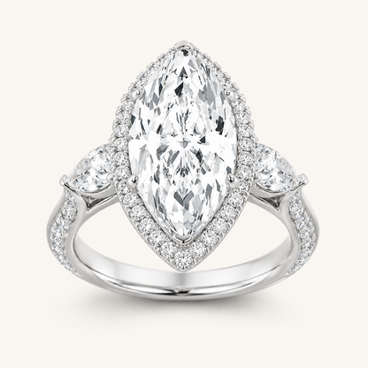 6.5 CT Marquise Cut Lab Grown Diamond Bold Statement Accented Three Stone Halo Ring