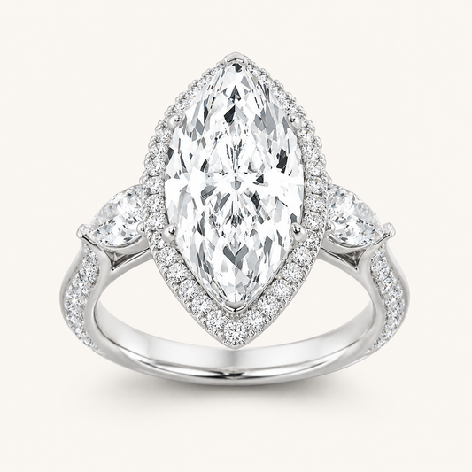 6.5 CT Marquise Cut Lab Grown Diamond Bold Statement Accented Three Stone Halo Ring