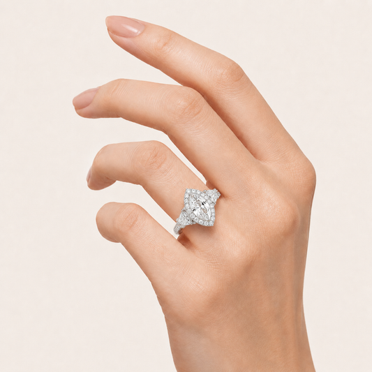 6.5 CT Marquise Cut Lab Grown Diamond Bold Statement Accented Three Stone Halo Ring