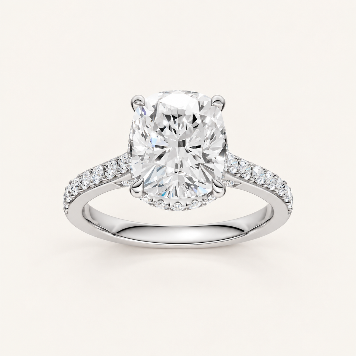 4.50CT Cushion Cut Lab Grown Diamond Hidden Halo Side Stone Ring