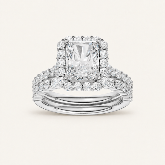 3.00CT Radiant Cut Lab Grown Diamond Halo Bridal Set