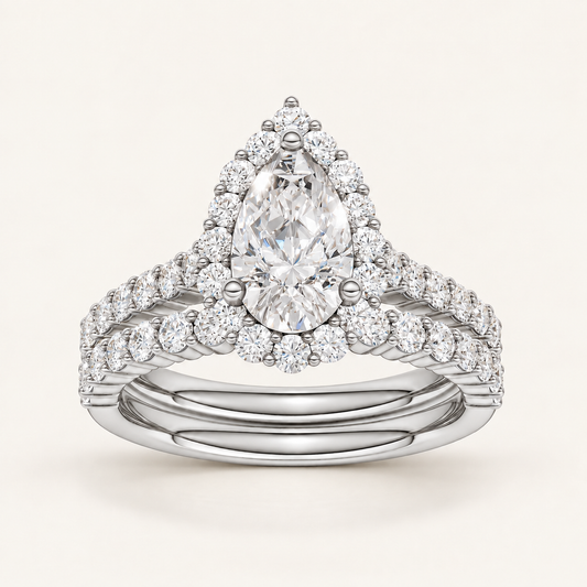 2.00CT Pear Cut Lab Grown Diamond Halo Bridal Set