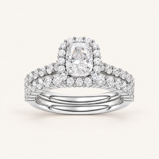 2.00CT Cushion Cut Lab Grown Diamond Halo Bridal Set