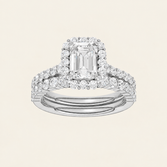 2.00CT Emerald Cut Lab Grown Diamond Halo Bridal Set
