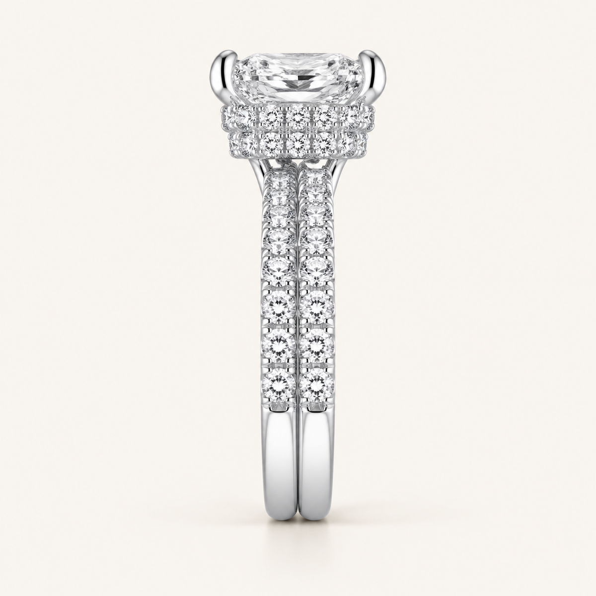 4.44CT Emerald Cut Lab Grown Diamond Double hidden Halo bridal Set