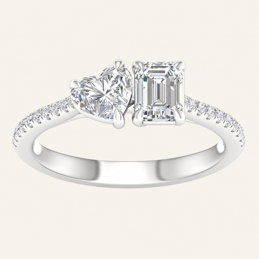 1.15CT Heart & Emerald Cut Lab Grown Diamond Toi et Moi Ring