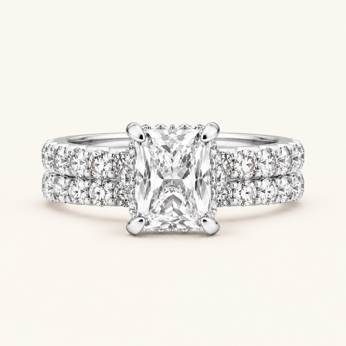 4.44CT Emerald Cut Lab Grown Diamond Double hidden Halo bridal Set