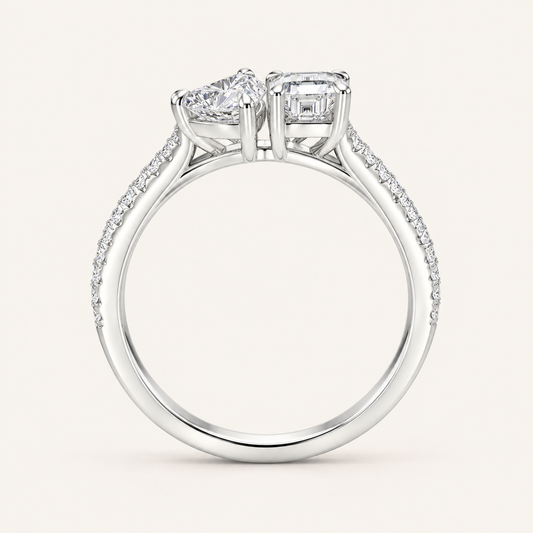 1.15CT Heart & Emerald Cut Lab Grown Diamond Toi et Moi Ring