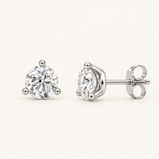 1CT Round Cut Lab Grown Diamond Three Prong Stud Earring