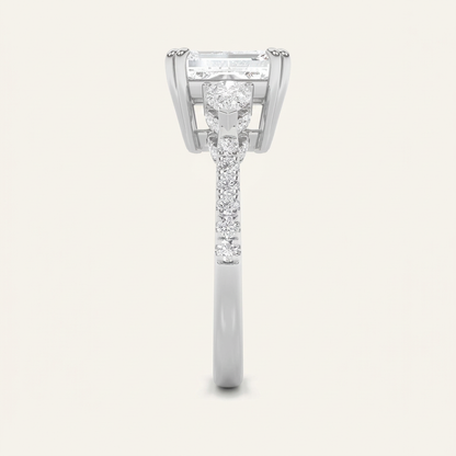 3CT Emerald Cut Lab Grown Diamond Three Stone Side Stone Ring