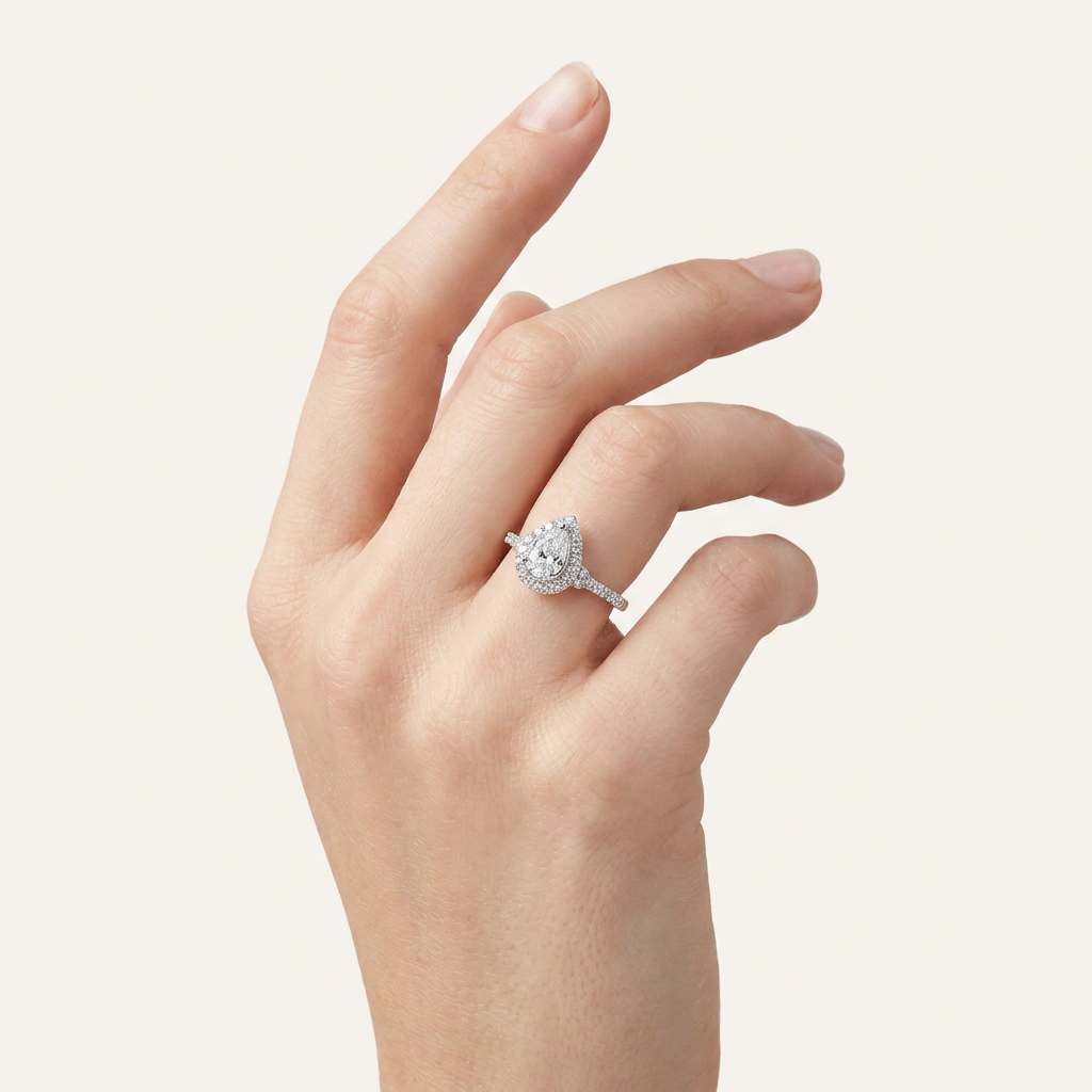 0.50 CT Pear Cut Lab Grown Diamond Promise Halo Side Stone Ring