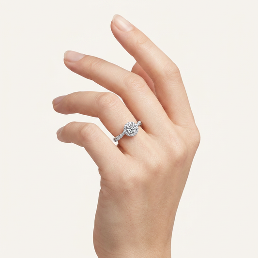 0.50 CT Round Cut Lab Grown Diamond Promise Halo Side Stone Ring