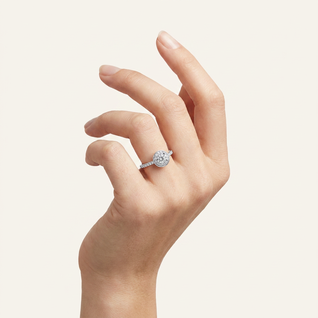 0.50 CT Round Cut Lab Grown Diamond Promise Halo Side Stone Ring