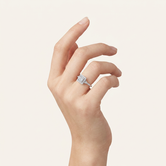 0.50 CT Princess Cut Lab Grown Diamond Halo Side Stone Ring
