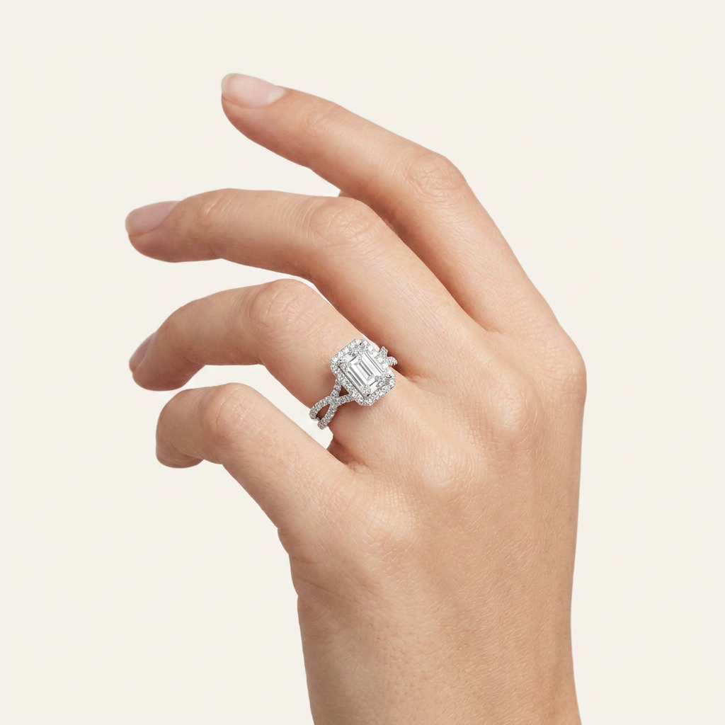 4CT Emerald Cut Lab Grown Diamond Split Shank Halo Side Stone Ring