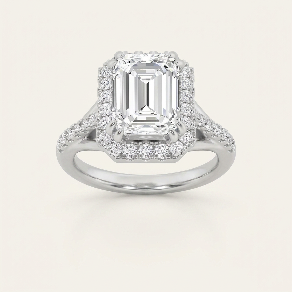 3CT Emerald Cut Lab Grown Diamond Halo Side Stone Ring