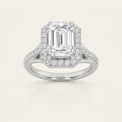 3CT Emerald Cut Lab Grown Diamond Halo Side Stone Ring