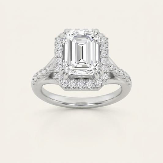 3CT Emerald Cut Lab Grown Diamond Halo Side Stone Ring