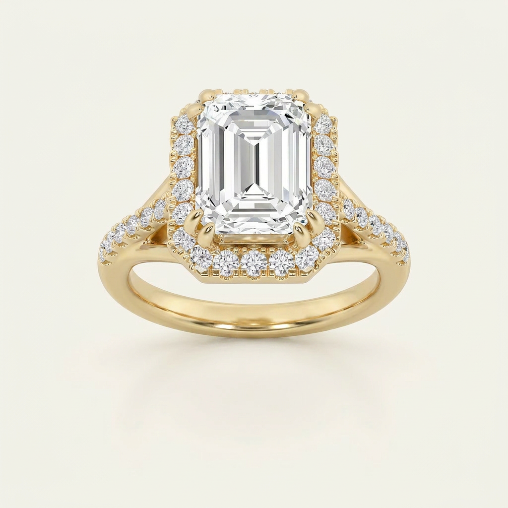 3CT Emerald Cut Lab Grown Diamond Halo Side Stone Ring