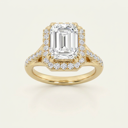 3CT Emerald Cut Lab Grown Diamond Halo Side Stone Ring