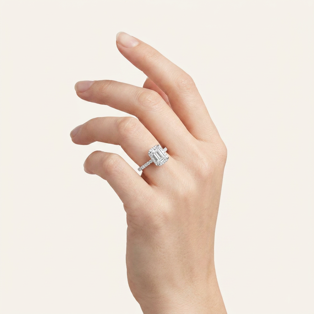 2CT Emerald Cut Lab Grown Diamond Halo Side Stone Ring