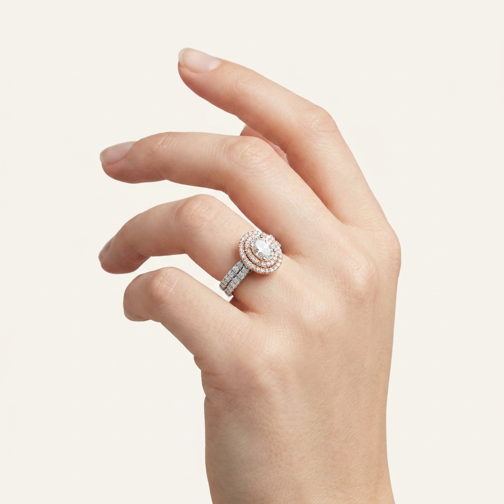 2 CT Oval Cut Lab Grown Diamond Halo Side Stone Ring