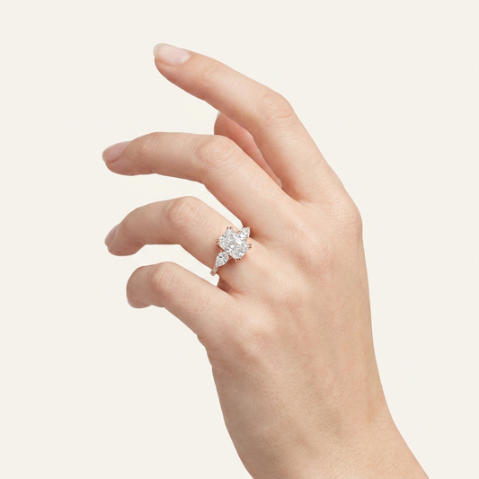 3CT Radiant Cut Lab Grown Diamond Three Stone Side Stone Ring