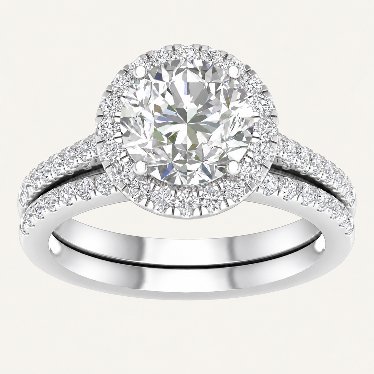 3.00Ct Round Cut Lab Grown Diamond Halo Side Stone Bridal Set