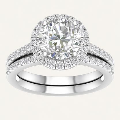 3.00Ct Round Cut Lab Grown Diamond Halo Side Stone Bridal Set