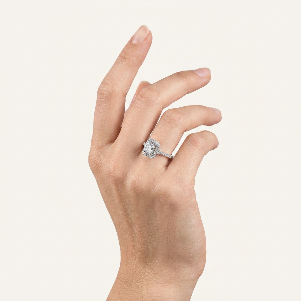 0.49CT Radiant Cut Lab Grown Diamond Halo Side Stone Ring