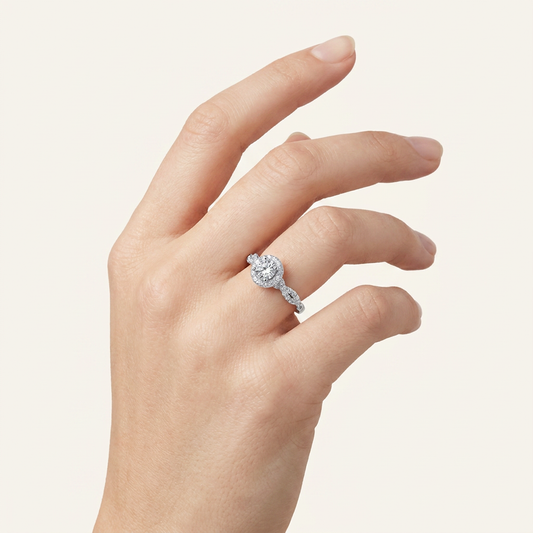 0.53 CT Round Cut Lab Grown Diamond Promise Halo Side Stone Ring