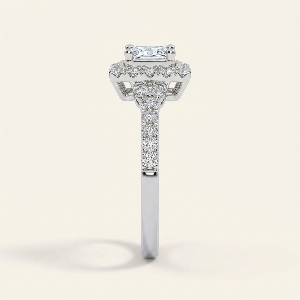 0.50 CT Princess Cut Lab Grown Diamond Halo Side Stone Ring