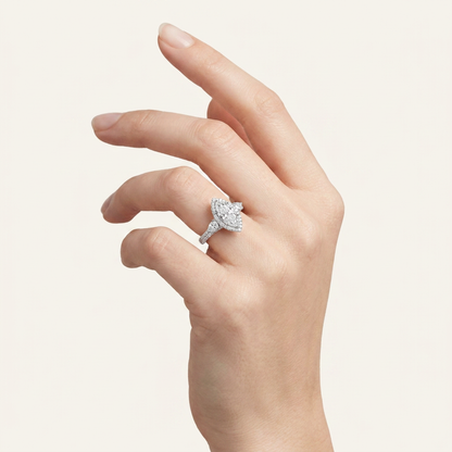 3CT Marquise Cut Lab Grown Diamond Three Stone Bold Halo Ring