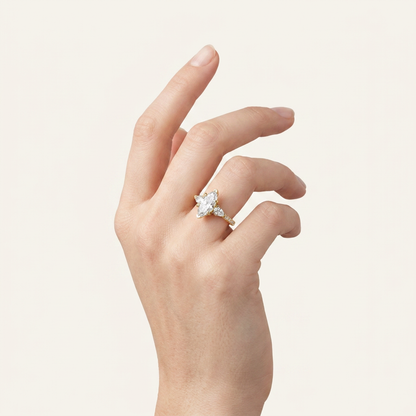 3CT Marquise Cut Lab Grown Diamond Three Stone Side Stone Ring
