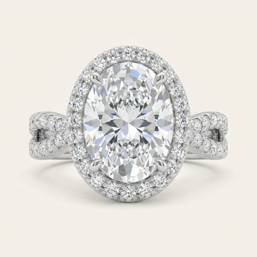 2 CT Oval Cut Lab Grown Diamond Split shank Halo Side Stone Ring
