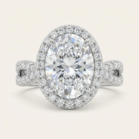 2 CT Oval Cut Lab Grown Diamond Split shank Halo Side Stone Ring