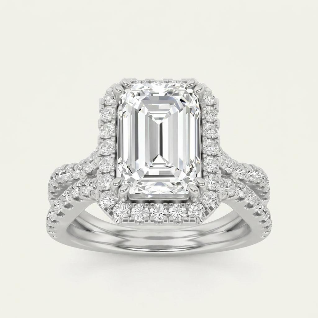 2CT Emerald Cut Lab Grown Diamond Halo Side Stone Ring