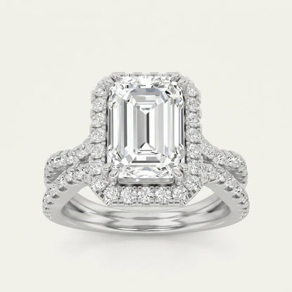 2CT Emerald Cut Lab Grown Diamond Halo Side Stone Ring